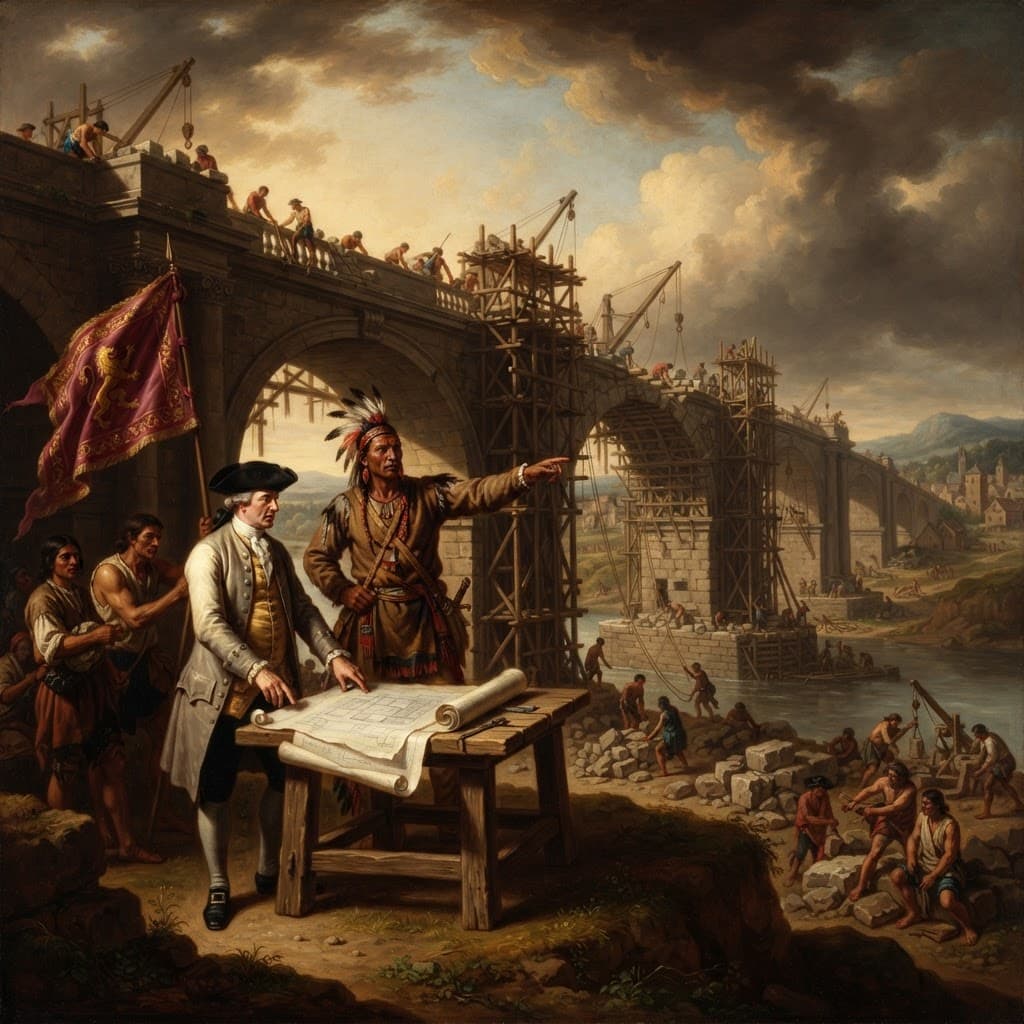 Neoclassical oil painting of 18th-century master builders directing construction of a great stone bridge