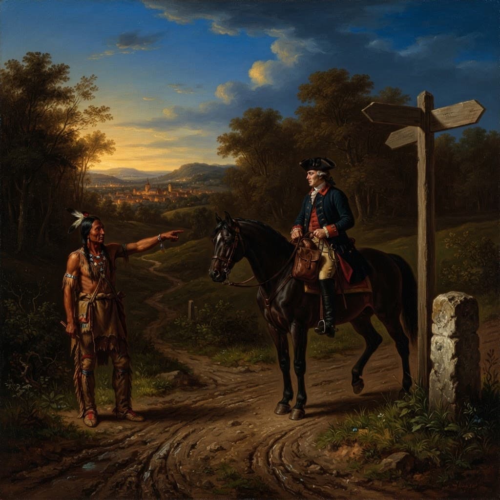 Neoclassical oil painting of an 18th-century crossroads with a courier and a guide pointing the true way