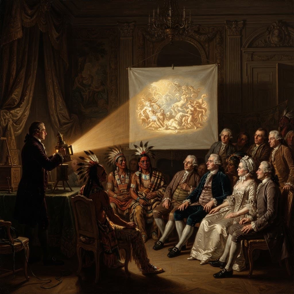 Neoclassical oil painting of an 18th-century magic-lantern demonstration before a rapt salon audience