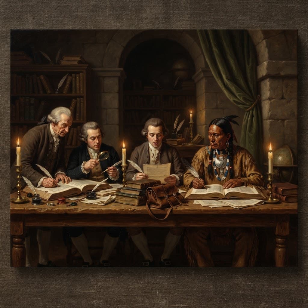Neoclassical oil painting of 18th-century scribes proofing manuscripts in a candlelit scriptorium