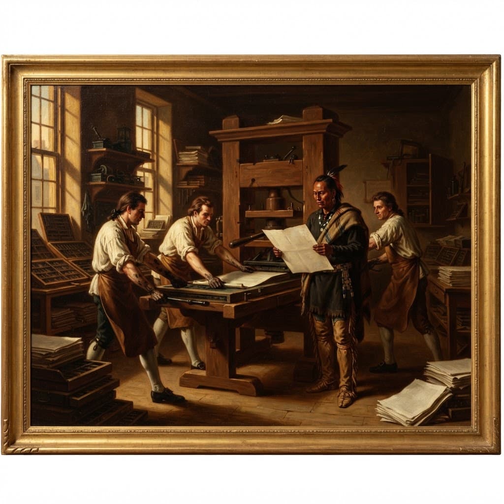 Neoclassical oil painting of an 18th-century printing house at dawn, pressmen pulling broadsheets from a wooden press