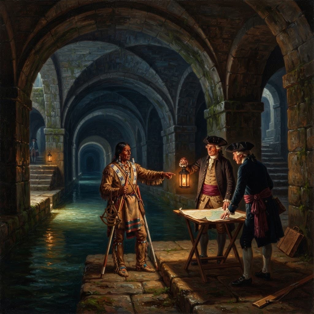 Neoclassical oil painting of 18th-century engineers within a great stone vault of aqueducts and cisterns