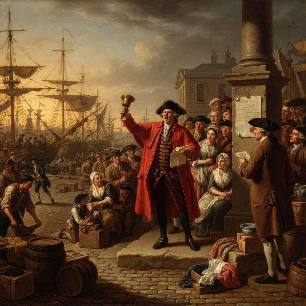 Neoclassical oil painting of an 18th-century town crier and merchants at a harbour market