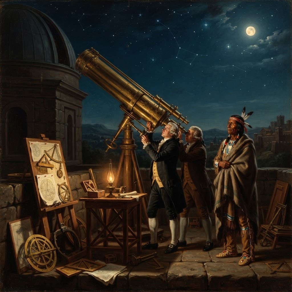 Neoclassical oil painting of an 18th-century observatory at night with astronomers at a brass telescope