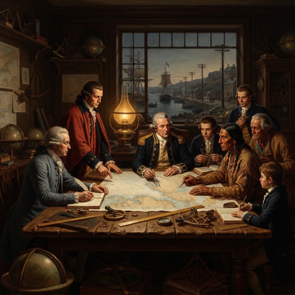 Neoclassical oil painting of an 18th-century council of navigators and engineers gathered over maps and ledgers