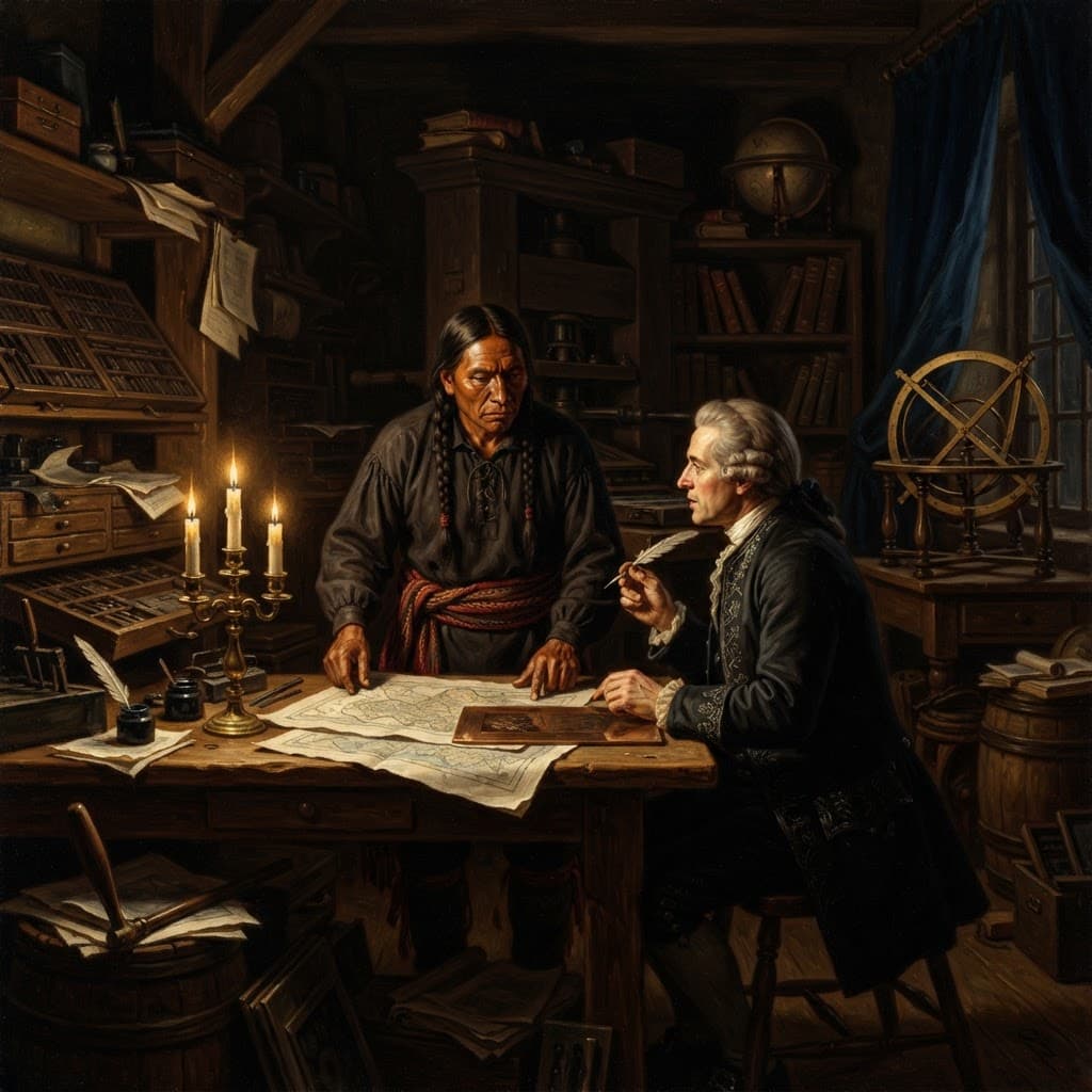 Neoclassical oil painting of an 18th-century printing house at night, figures examining broadsheets by candlelight