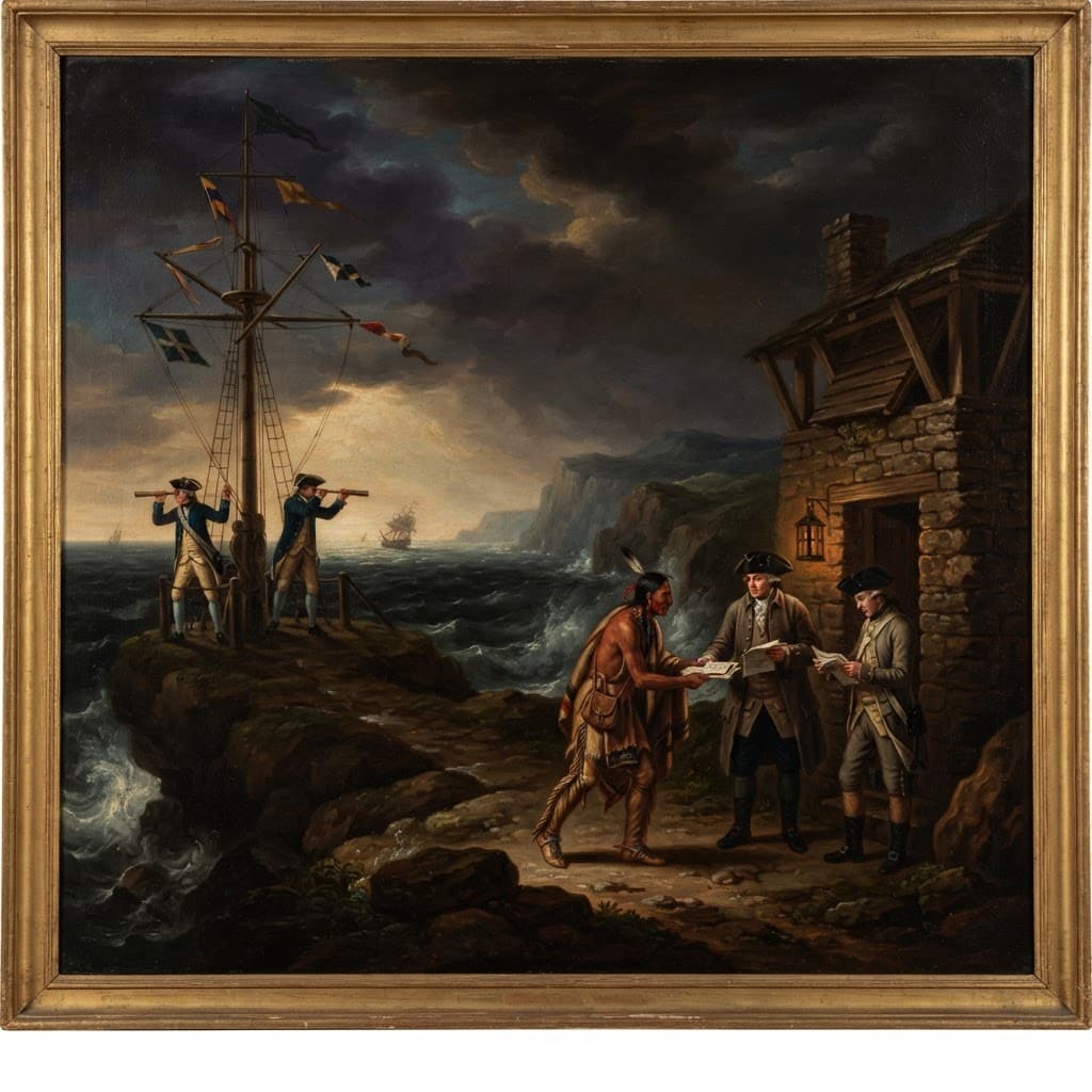 Neoclassical oil painting of an 18th-century signal station on a northern headland with watchmen and semaphore masts