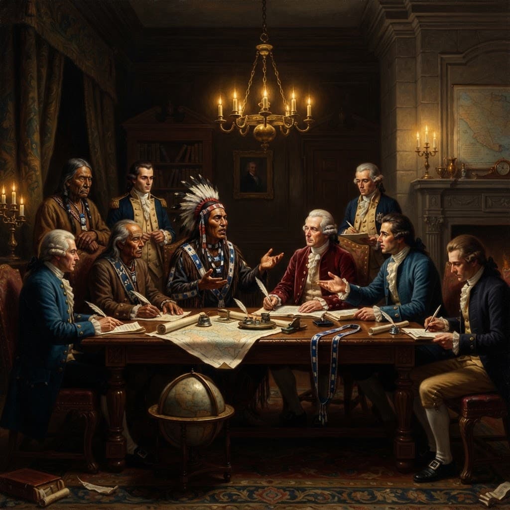 Neoclassical oil painting of an 18th-century assembly of interpreters and diplomats speaking across a table