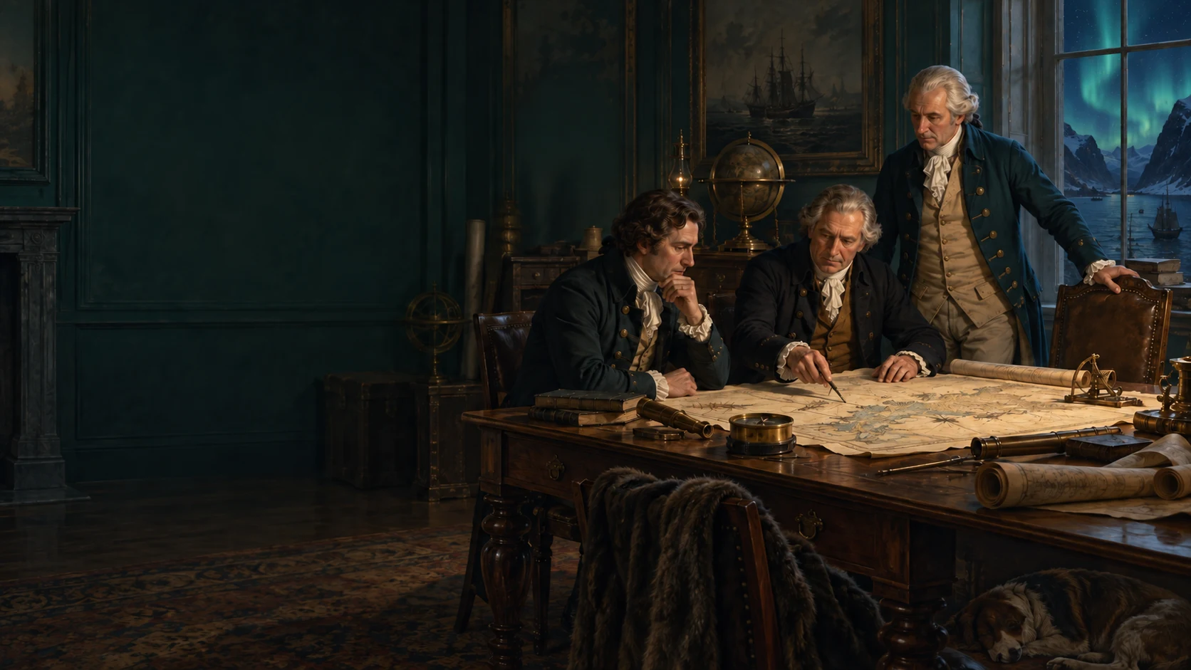 A senior navigator joins two explorers at a table of maps, with the northern lights visible through the planning-room window